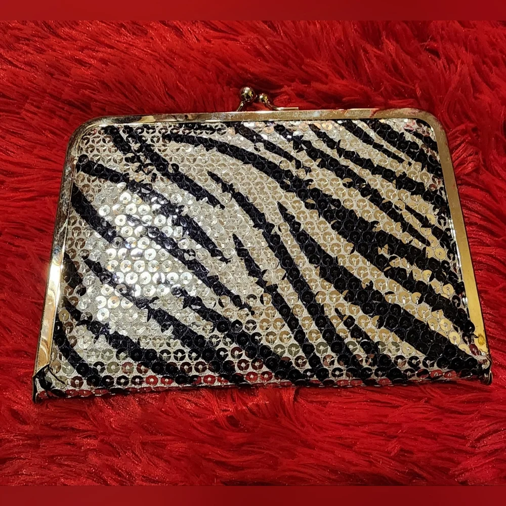 Black and Silver Zebra Print Sequined Wallet Clutch